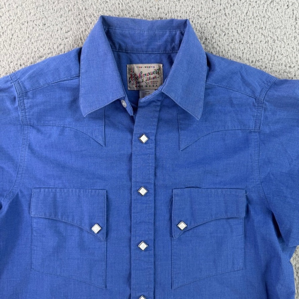 Rockmount Ranch Wear Western Shirt Mens 14.5x32 Blue Slim Fit Pearl Snap USA